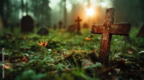 A lone yellow flower stands resilient among weathered gravestones in a misty graveyard, highlighting themes of life, death, and nature's enduring beauty in solitude.