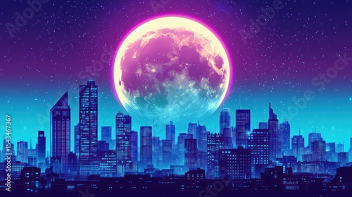 Cityscape silhouette with large moon at night