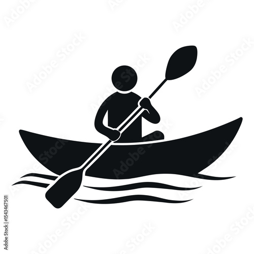 Kayaker Silhouette Icon of Person Paddling a Kayak on White Background