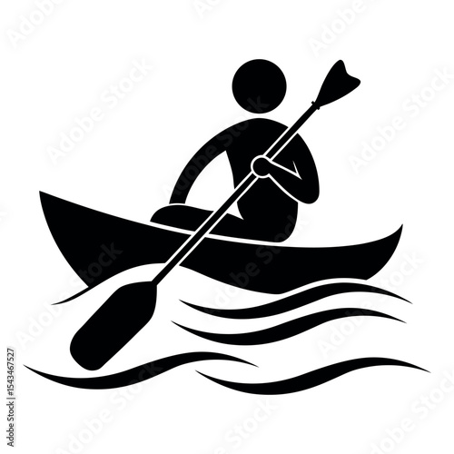 Kayaker Silhouette Icon of Person Paddling a Kayak on White Background