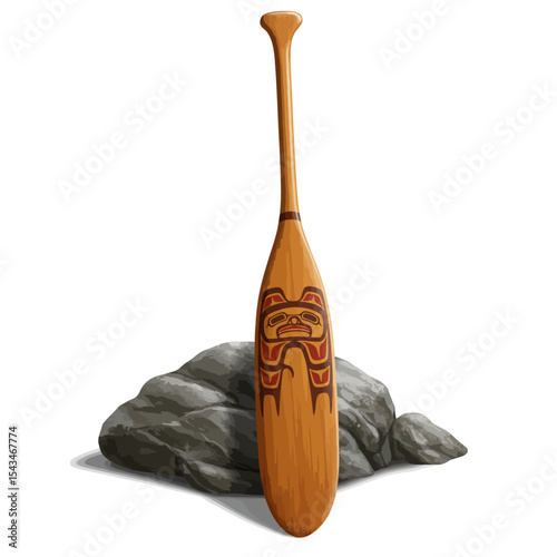 Ornate Wooden Canoe Paddle with Indigenous Design