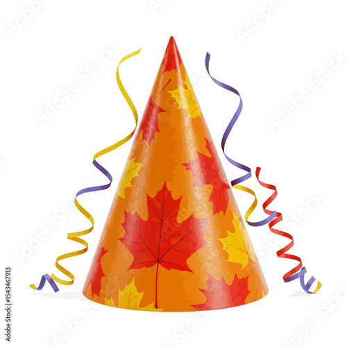 Autumnal Party Hat with Maple Leaf Design and Colorful Streamers on White