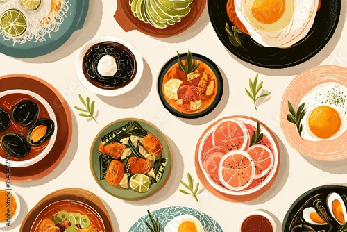 Illustrated Spanish food calendar concept monthly seasonal dishes styled graphically bold typography and minimal design