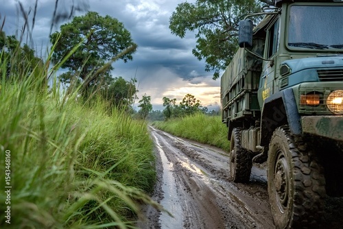 Camouflaged military truck maneuvering through a muddy road after rain, surrounded by the lush greenery of a tropical forest under a cloudy sunset sky photo