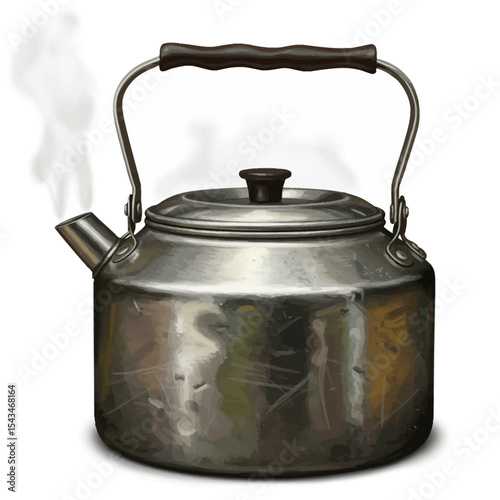 Steaming Kettle Illustration: Vintage Metal Teapot with Wooden Handle and Lid