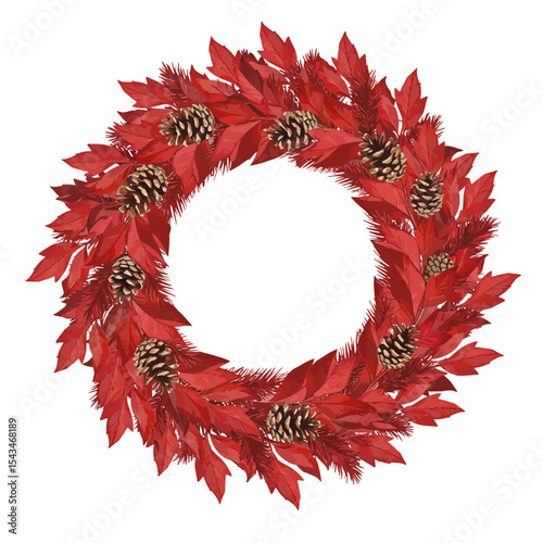Vibrant Red Christmas Wreath with Golden Pinecones