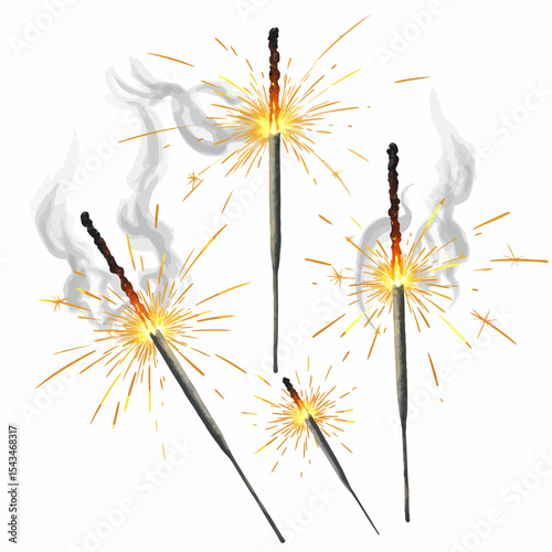 Watercolor Sparkler Fireworks Display Against White Background
