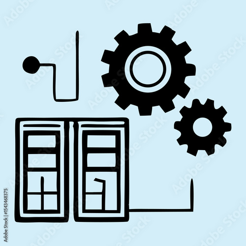 System Integration: A stylized illustration depicts interconnected gears meshing seamlessly with a dual-pane window interface, symbolizing efficient system integration and technological synergy.