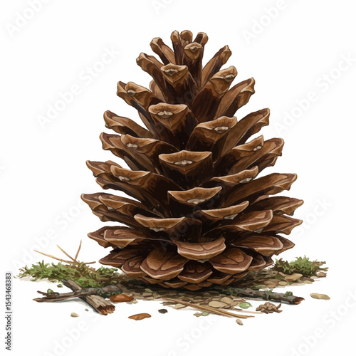 Detailed watercolor illustration of a pine cone with moss and twigs on white