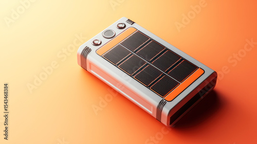 A solar-powered device with a solar panel on an orange background.
