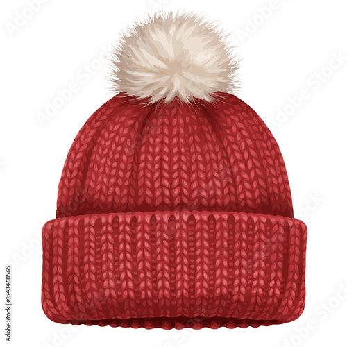Knitted red winter hat with fluffy white pompom on a white background