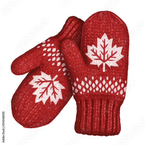 Hand-drawn Pair of Red Knitted Mittens with Maple Leaf Designs