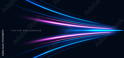 Hi-speed blue and pink neon curved beams rays on dark blue background.