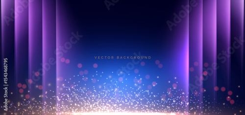 Gold lighting effect shining bokeh illustration on dark blue background with purple vertical light.