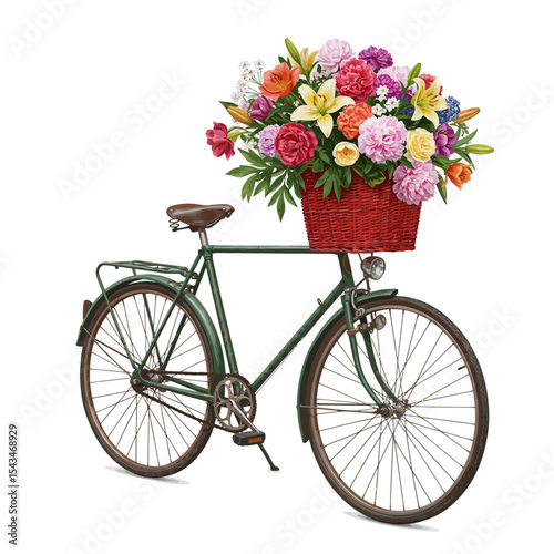Vintage Bicycle Adorned with a Vibrant Basket of Colorful Flowers