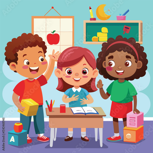 Three Happy Diverse Elementary School Children and a Cat Illustration Design