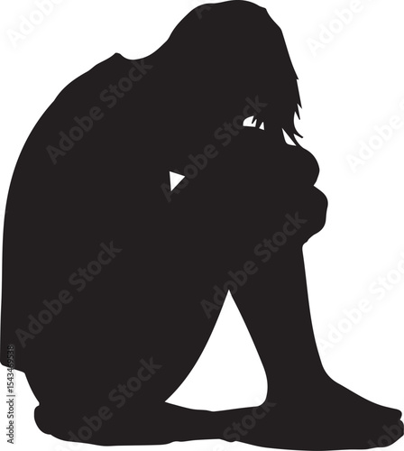 Silhouette of lonely person, sitting alone, emotional pose, mental health awareness, sadness, solitude, quiet reflection, dark background, thoughtful introspection, isolation, shadow figure