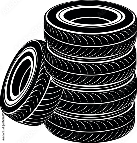 Stacked tires automotive rubber tread black and white silhouette vector illustration