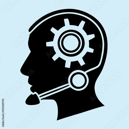 AI Cognitive Process: Silhouette of a head with a gear in place of the brain, symbolizing artificial intelligence and cognitive function within a technological framework.