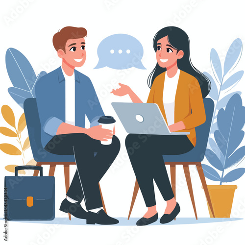 vector image of two people talking on a white background