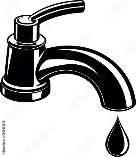 Black and white faucet with dripping water silhouette vector illustration