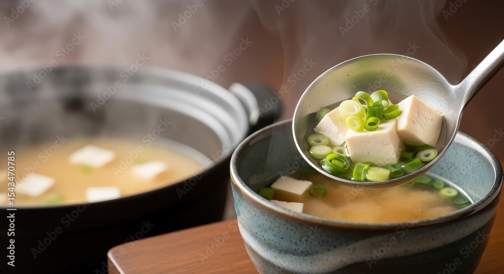 Miso Soup with Tofu in Ladle and Bowl on Table Miso Soup with Tofu in Ladle and Bowl on Table