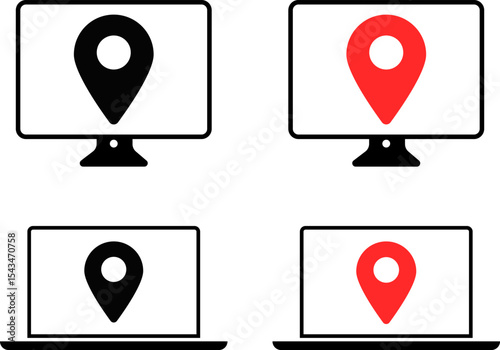 Monitor Location Map icon. technology blogs. map services. digital marketing presentations. global positioning system sign
