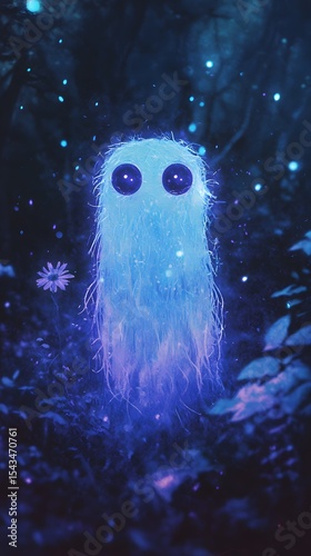 Cute Glowing Furry Blue Creature with Big Eyes and Luminous Flower in Enchanted Forest perfect for fantasy storybooks, children’s media, magical character design, and whimsical merchandise