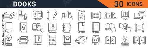 Collection of thirty book icons for education reading and library related designs vector Editable Stroke Vector Illustration