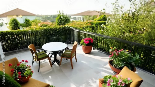 Balcony with garden furniture and lush greenery. Concept of serene outdoor retreat