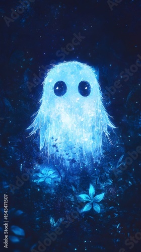 Cute Glowing Furry Blue Creature with Big Eyes and Luminous Flower in Enchanted Forest perfect for fantasy storybooks, children’s media, magical character design, and whimsical merchandise