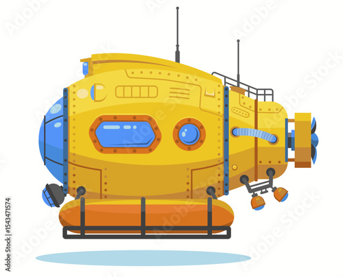 Bathyscaphe cartoon boat, Yellow Submarine, sea research transport. Vector