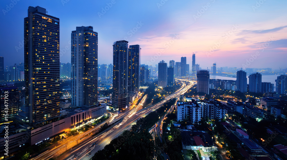 Fototapeta premium A bustling cityscape at dusk with tall buildings, a river, and a busy highway, illuminated by the glow of the setting sun.