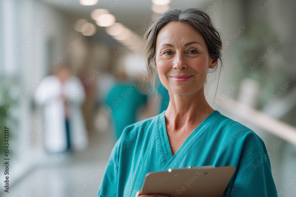Fototapeta premium Happy Nurse Holding Clipboard in Hospital