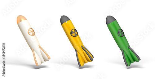 Nuclear Missile 3d Icon set with white, yellow and green nuclear bomb