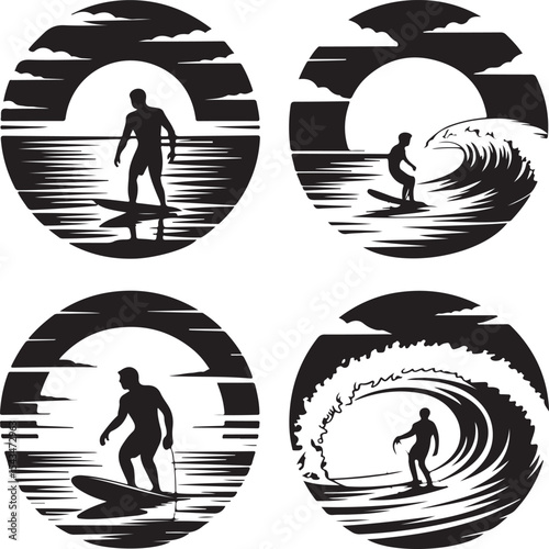 Surfer Riding a Big Wave Silhouette

Sunset Surf Session Vector Design

Surfer Carrying Board Silhouette Scene

Tropical Surfing Adventure Vector Art

Surfer Jumping on Wave Silhouette