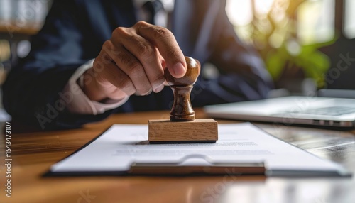 Legal Approval: A close-up shot of a person's hand firmly pressing a wooden stamp onto an official document, a clear sign of approval and legal authorization, emphasizing the finality of the process. photo
