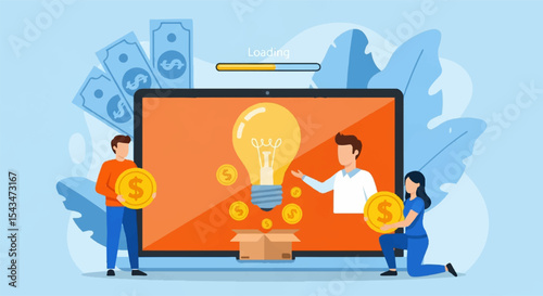 Innovative Idea Generating Revenue Concept with Lightbulb, Laptop, and Coins