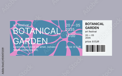 Modern ticket template design. Ticket for art festival, exhibition, concert. Design with abstract flower background. Soft pastel colors.