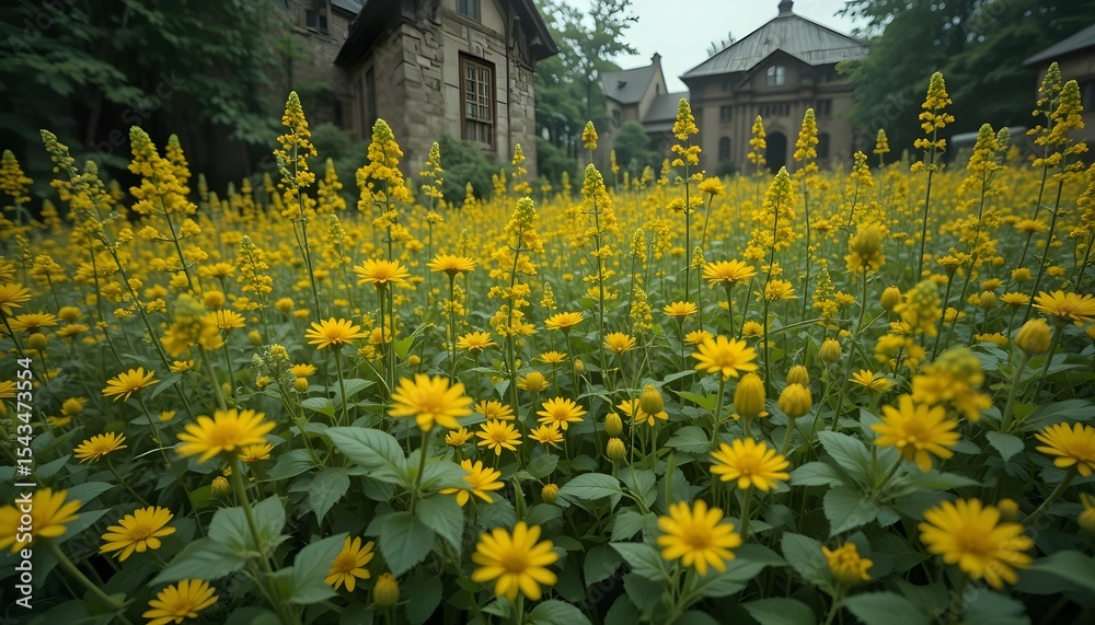 Obraz premium This striking composition features vibrant yellow flowers set against a deep green, textured historical backdrop. The natural contrast between sunny blossoms and the aged patina of the background 