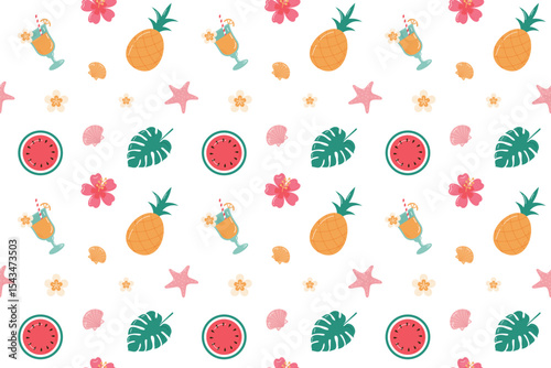 Seamless summer  pattern with transparent background. Ornament with food and flora. Summer holiday concept.Pineapple, watermelon slice, tropical leaf,cocktail. Flat cartoon design. Vector illustration