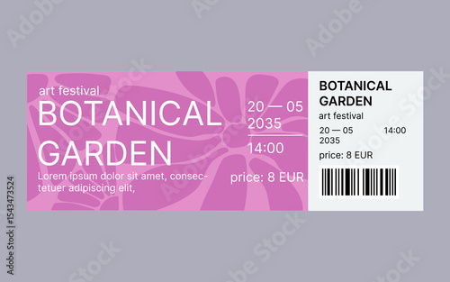 Modern ticket template design. Ticket for art festival, exhibition, concert. Design with abstract flower background. Soft pastel colors.