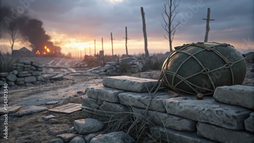 Historical Battlefield Scene with Grenade and Dramatic Sunset