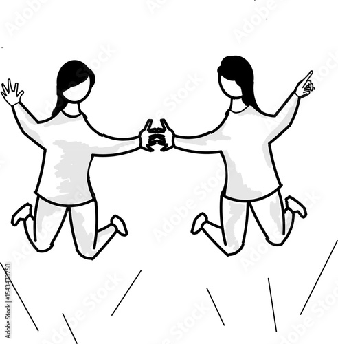 The excitement of two female friends jumping to celebrate happiness