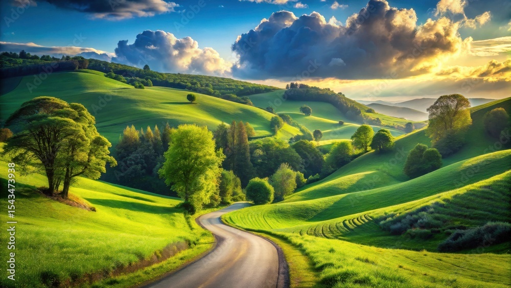Fototapeta premium Serene Country Road Winding Through Lush Green Rolling Hills Under a Dramatic Sunset Sky