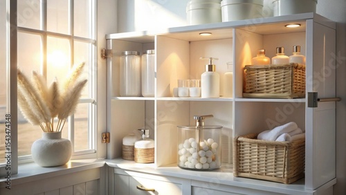 Wallpaper Mural Serene Bathroom Storage  Sunlight Illuminates a White Cabinet Filled with Spa-Like Amenities and Decorative Elements. Torontodigital.ca