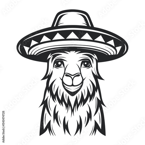 Llama in Sombrero: Black and White Vector Illustration, Isolated Head Portrait, Hand-Drawn Style, Animal Drawing, Celebration, Cinco de Mayo.         