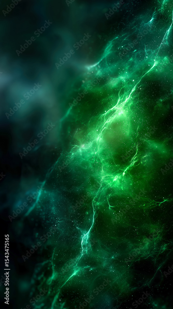 Obraz premium Abstract green nebula with bright streaks and cosmic dust, resembling a vibrant, otherworldly galaxy in deep space.