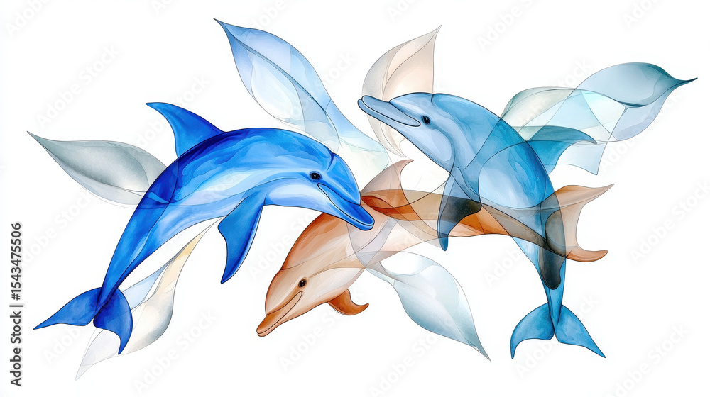 Obraz premium Playful dolphins swimming gracefully in stained glass style, showcasing vibrant colors and fluid shapes