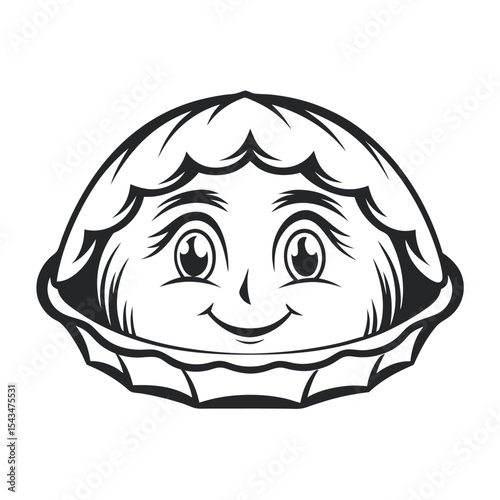 Stylized Pie with Smiling Face: Whimsical Baked Good Mascot with Crust and Cartoon Features, Black and White Illustration                             